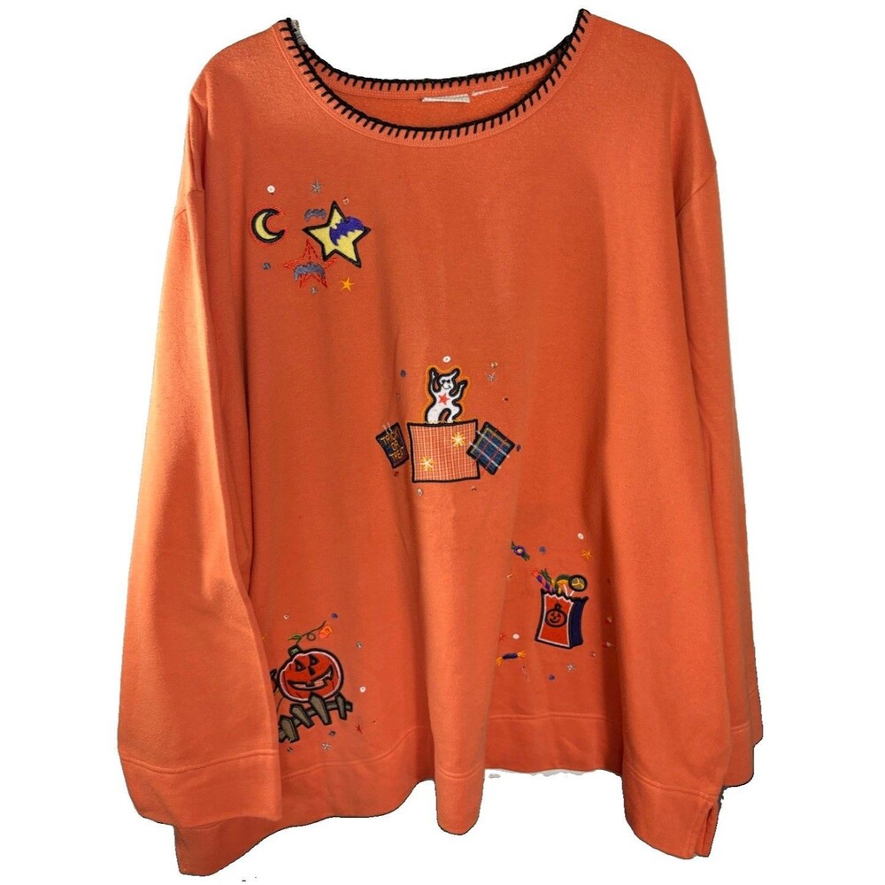 White Stag Plus 2X Halloween Sweatshirt Orange Embroidered Pumpkin Ghost Boo